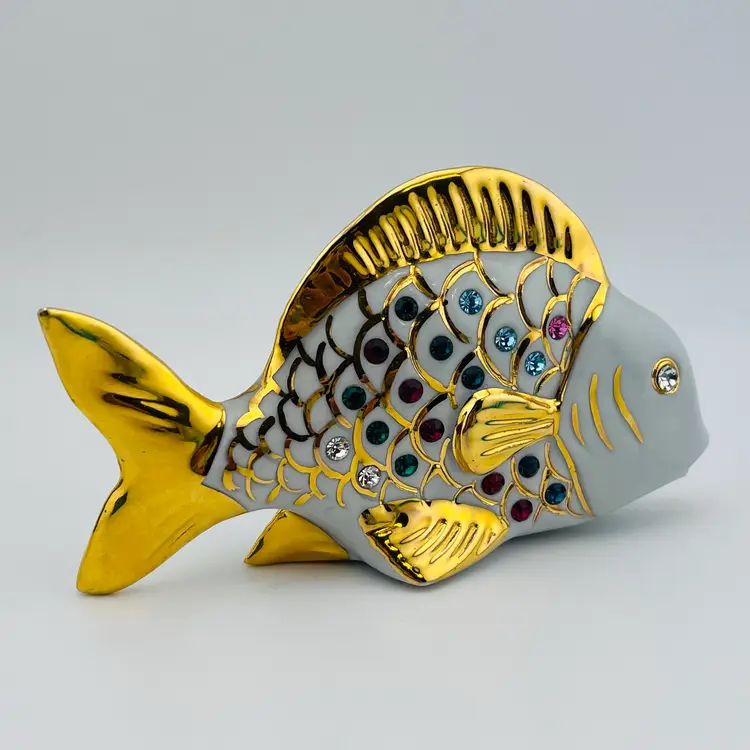 Vintage Blingy Capodimonte Made In Italy Fish Polaris Porcelain With Swarovski Crystals 3”x 5”