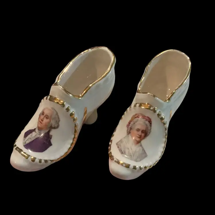 Vintage  Collectible Bone China George & Martha Washington Portrait Miniature Shoes. Colonial Off White & Gold Accents Design. Great For Presidential Memorabilia Collectors .