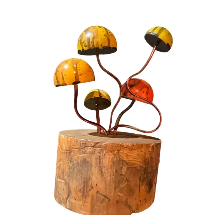 Amazing Mushroom  Sculpture 🍄 Abstract Pyrography Wood Base Likely Signed Mixed Media