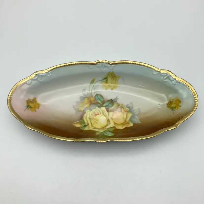 Vintage Altenburg Germany Yellow Rose Serving Bowl Celery Dish Trinket 10" Gold Gilt