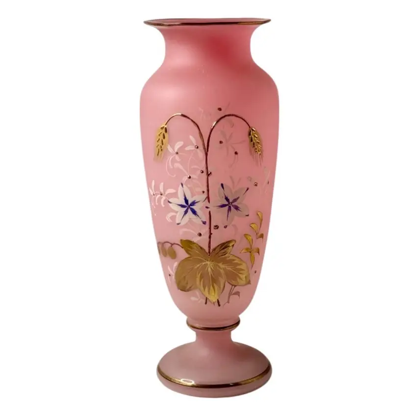 Antique Victorian Bohemian Vase. Pink Satin Blown Glass W/Hand Painted Enamel Florals
10-1/4” T x 3-3/8” W (top) x 3-1/4” W (base)”