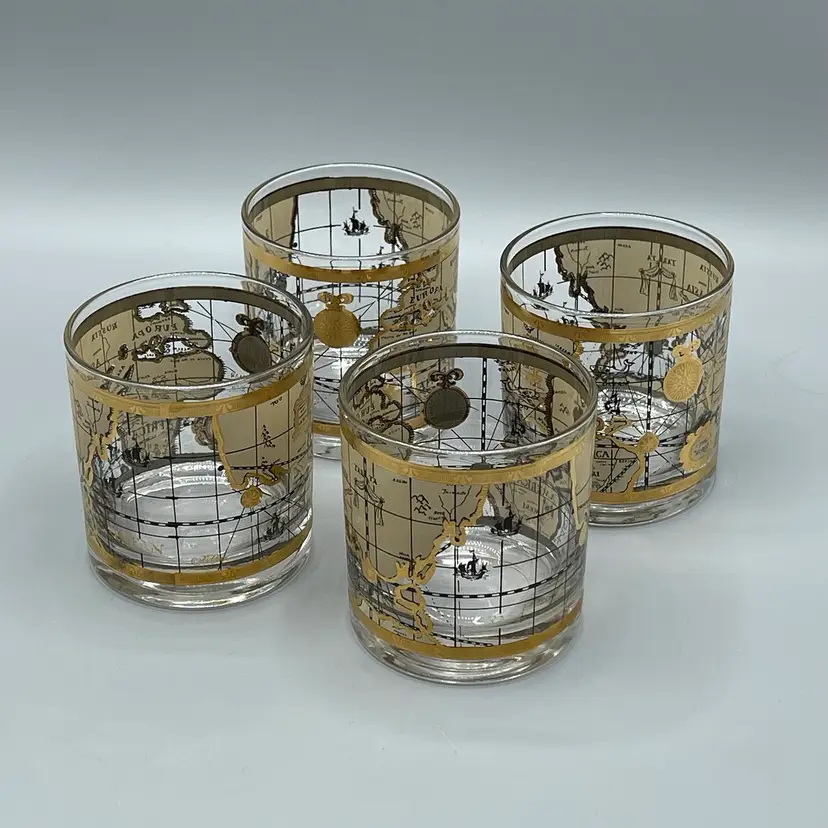 Set Of 4 Cera Mid Century World Map Low Ball Tumblers