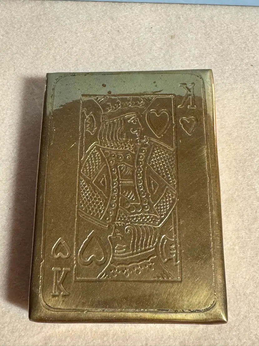Vintage brass playing card case with embossed King of Hearts design- Made In India