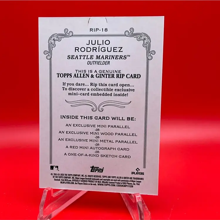 Julio Rodriguez 2025 Topps Allen & Ginter Rip Card 23/199 Unripped