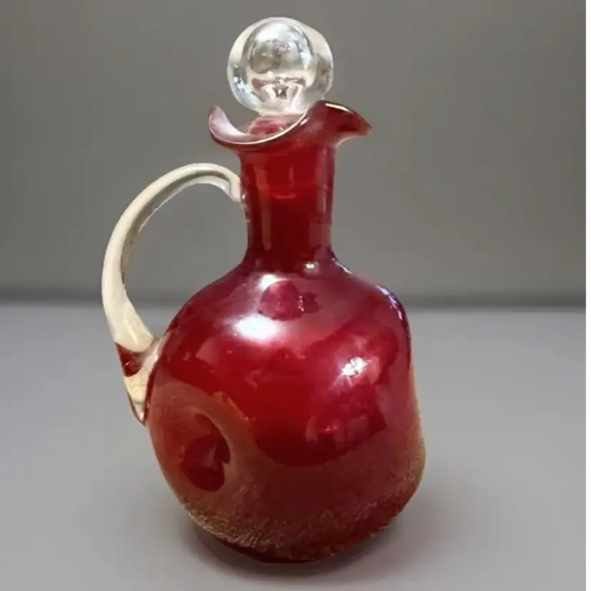 Vtg Bischoff Decanter Red 3-Sided Pinched Glass Cruet Crystal Stopper Handle