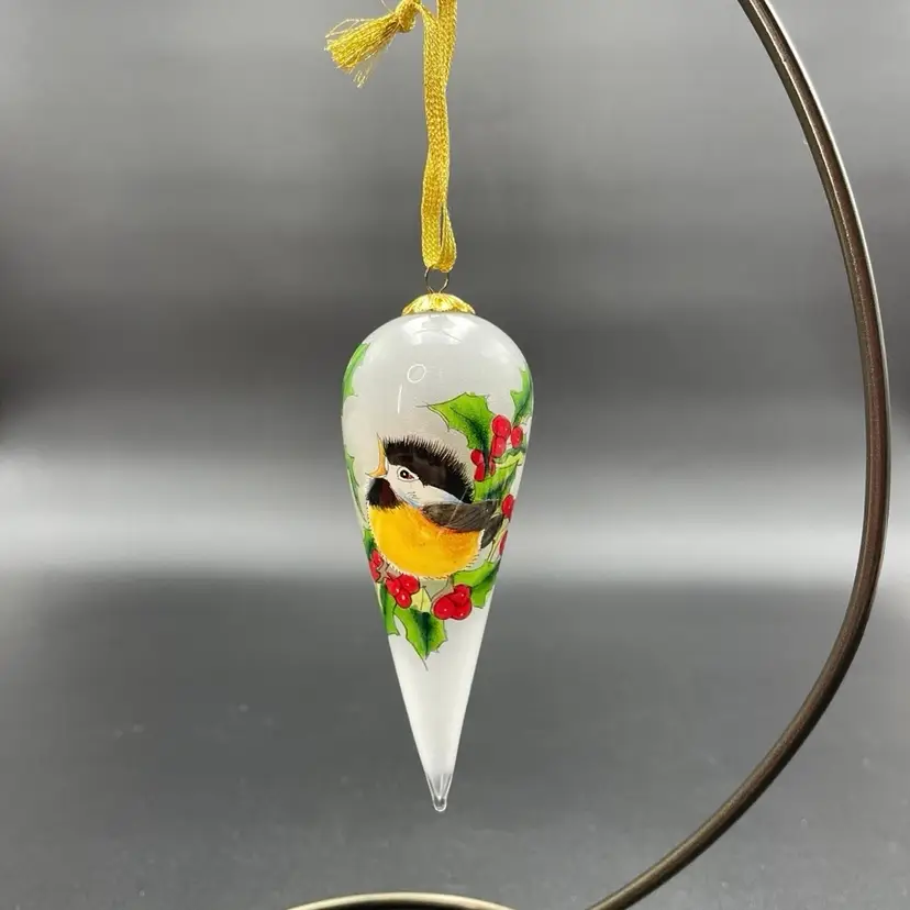 Bill Yee Li Bien Painted Glass Bird Chickadee Holly Christmas Ornament Vintage