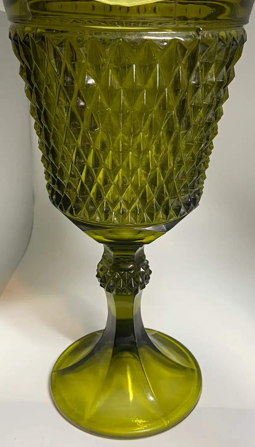 Indiana Glass Diamond Point Green Glass Compote or Vase, 11" Tall