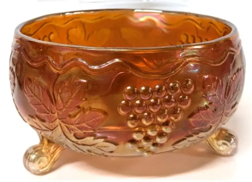 Marigold Carnival Glass Fenton Footed Grape & Leaves Couldron