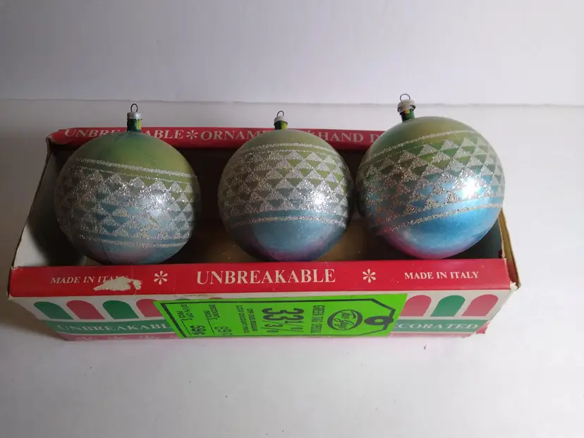 Vintage Unbreakable Italian Stencil Ornaments w/Box Lot Of 3 Blue Green Glitter