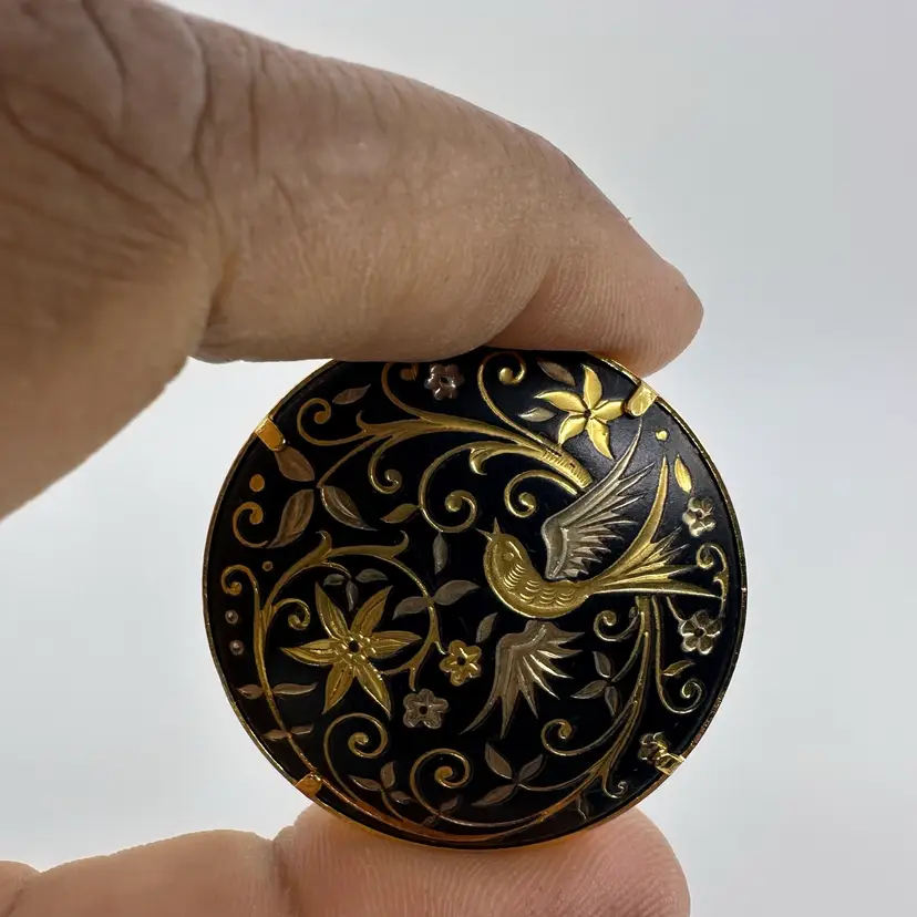 Vintage Damascene Gold Bird and Floral Brooch 1.5”