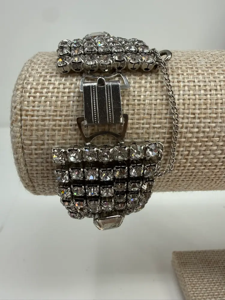 Vintage Prong Set 7 Row Clear Rhinestone Emerald Cut Center Statement Bracelet