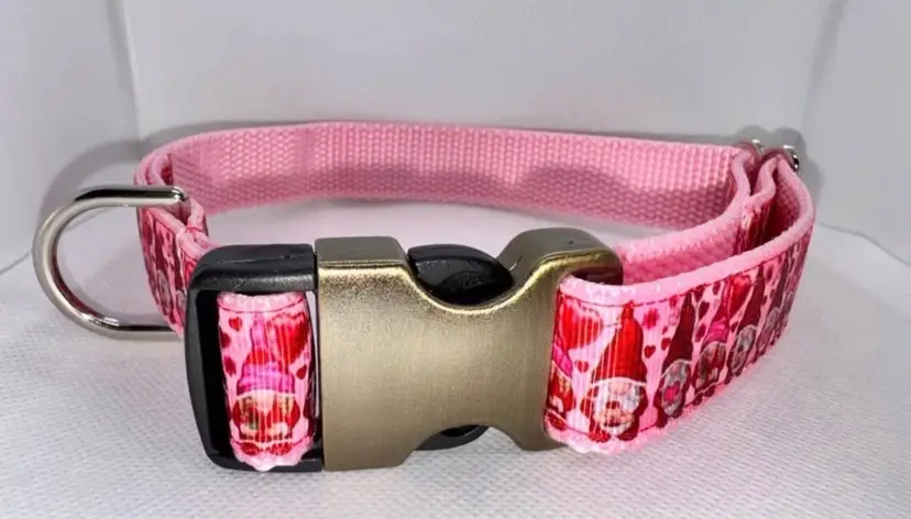 Dog Collar Pink & Red Gnomes Valentine’s Large Handmade Heavy Duty W/Buckle NEW