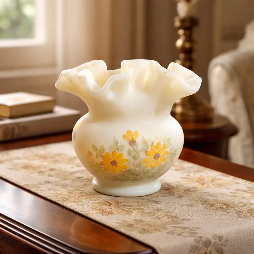 Fenton Custard Glass Vase w/ Ruffled Rim & Floral Design, 4" Tall