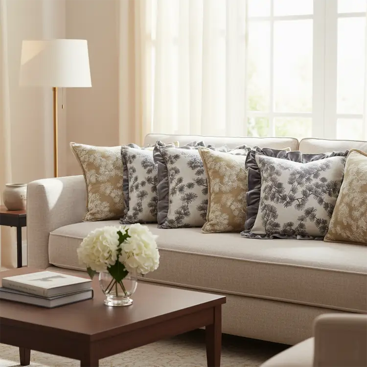 SOGA 6PC Champagne Floral Gold Ruffle & Beige Floral Pillow Covers 45cm Decorative Set