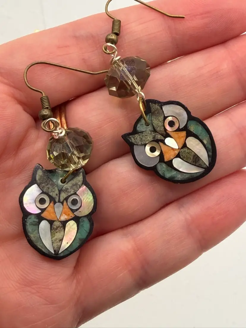 Owl Multicolored Inlaid Dangle Hook Earrings