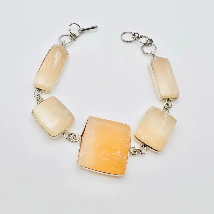 5-Stone Rough Peach Selenite Bracelet (7 - 8 inches) in Sterling Silver Finish (#A133)