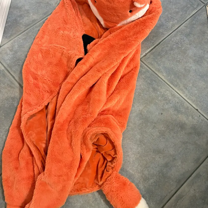 Fox Wearable Blanket Hooded Plush Throw with Paws Tail Orange