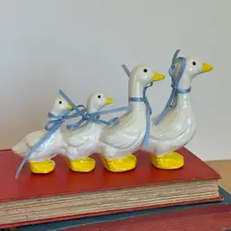 Ceramic Geese Figurine White Yellow Four In a Row Goose Cottagecore