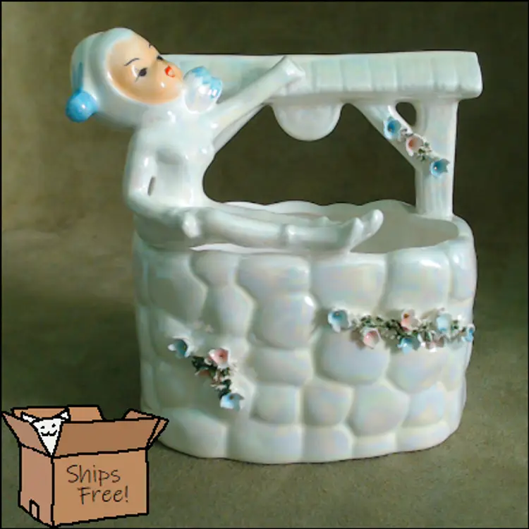 Vintage Lusterware Pixie Elf Planter | Pearlized Pixie On a Wishing Well | Magical Garden Fairy | 1950s Lefton Made in Japan