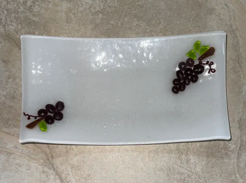 fused glass serving tray or dish white with two clusters of grapes 11” by 6”