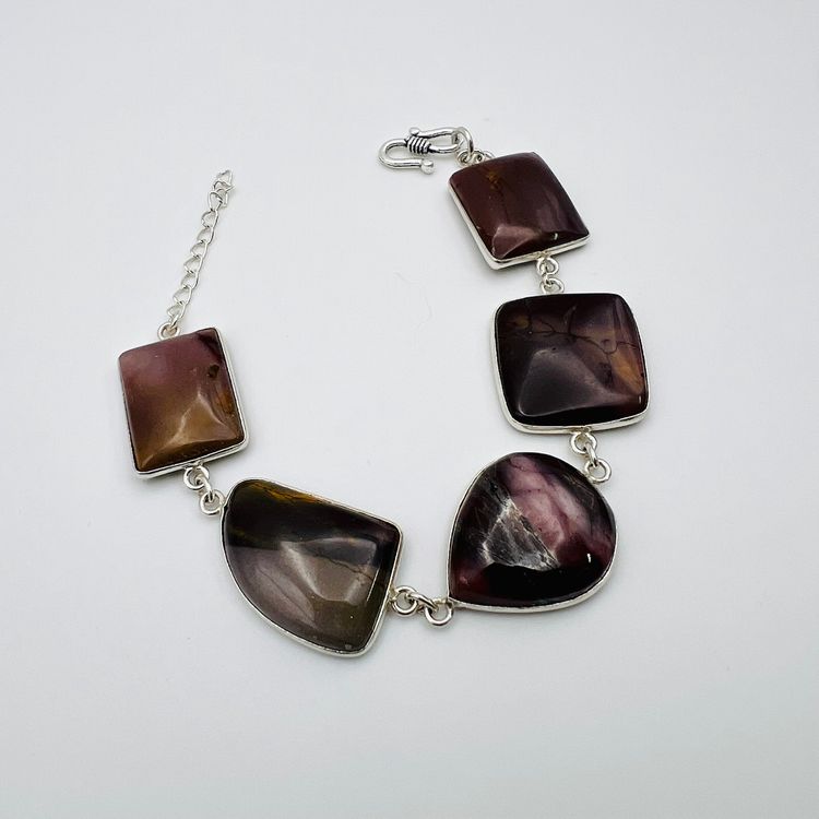 Handcrafted 5-Stone Mookaite Jasper Bracelet in Sterling Silver Finish