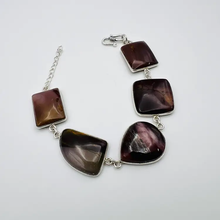 Handcrafted 5-Stone Mookaite Jasper Bracelet in Sterling Silver Finish