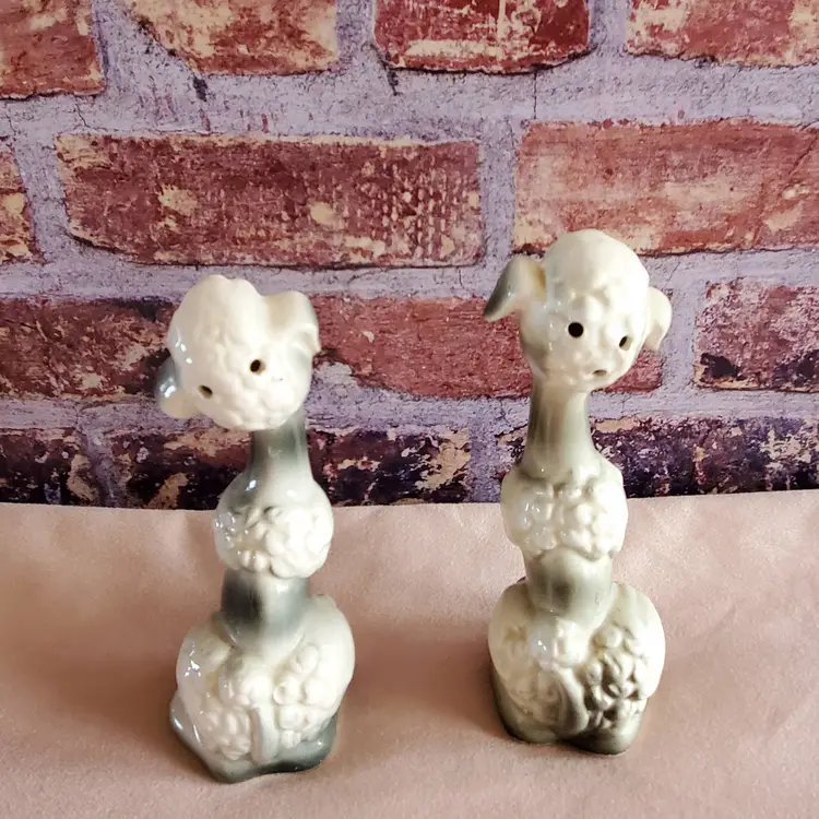 1960's Enesco Kitschy Poodle Salt and Pepper Shakers Rhinestone Eyes (missing center stone on collars)