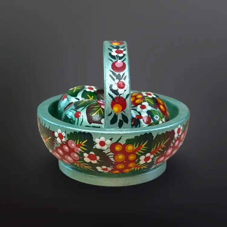 Hand Painted Wooden Basket With Eggs Made In Ukrain