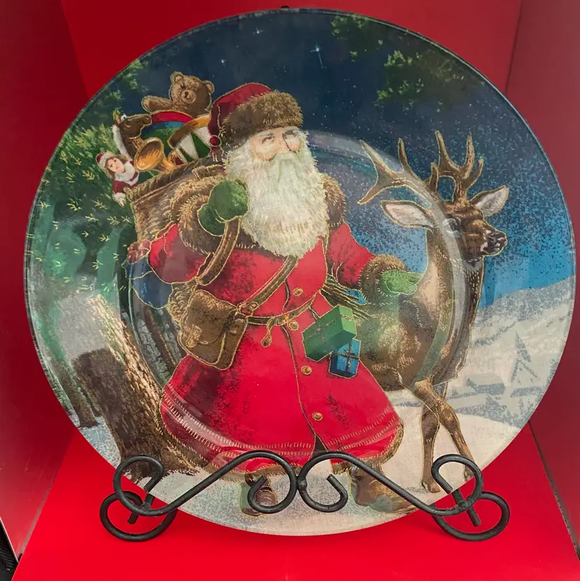 Glass Vintage Plate; Santa & Reindeer, 9.25" Diameter