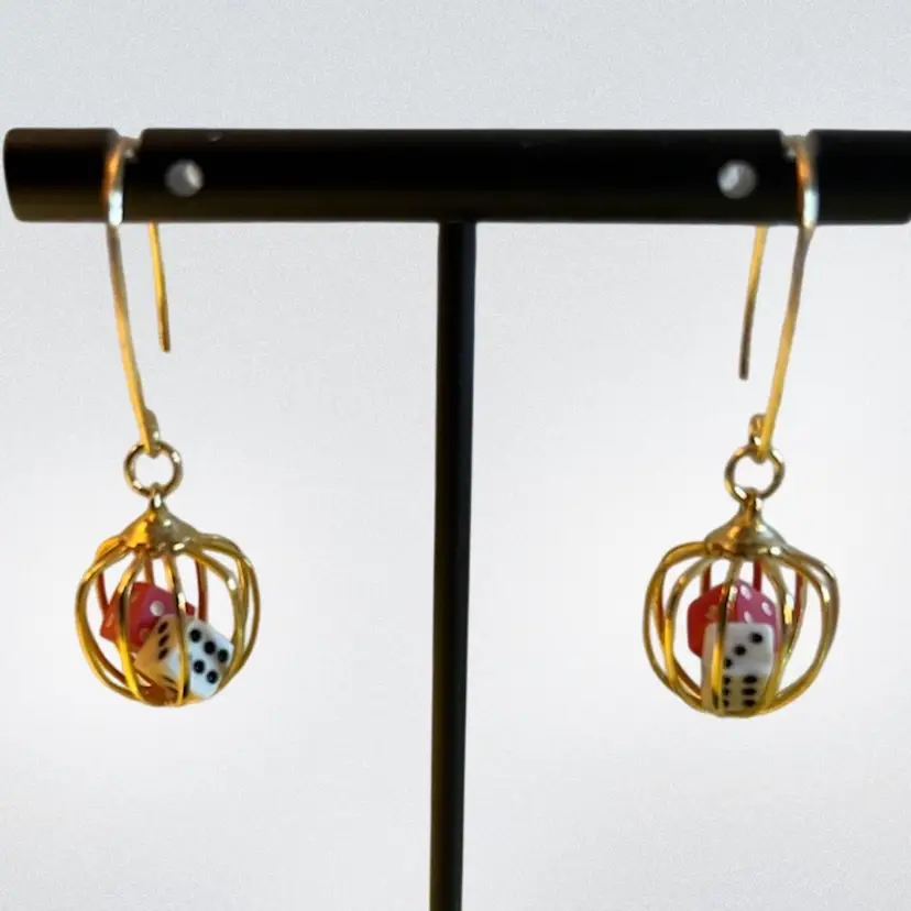 Vintage Caged Dice Earrings Gold Tone Pierced Hooks Converted From Screw Backs