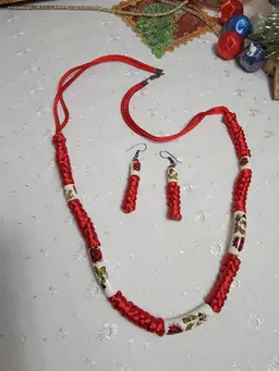 Vintage porcelain and satin cord necklace and earring set