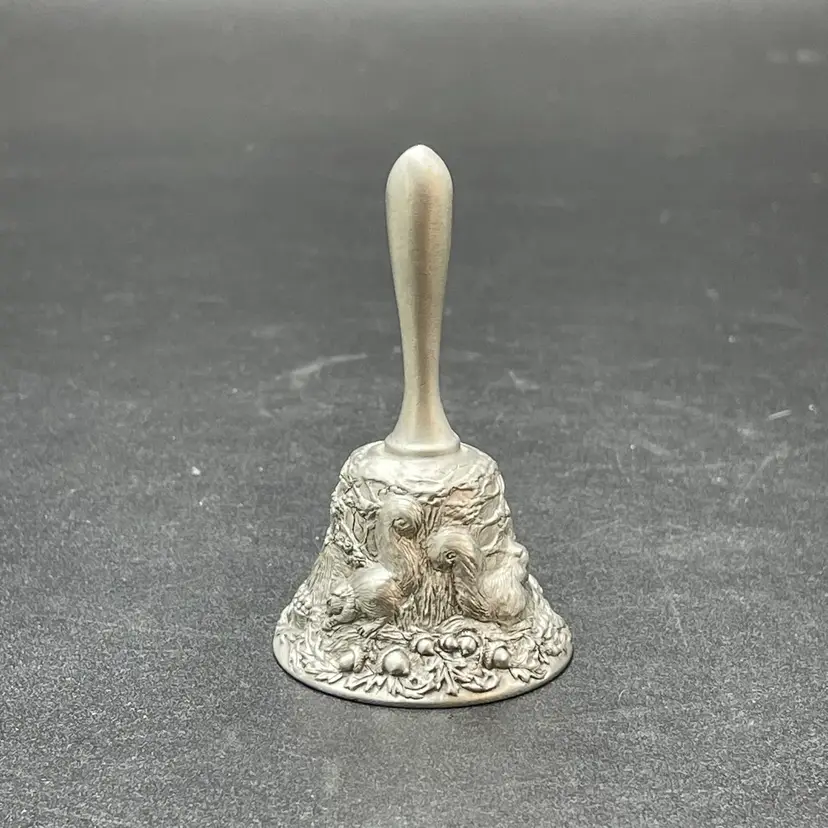 Pewter Port Miniature Bell Squirrels Pumpkins Fall Scene Vintage Embossed Metal