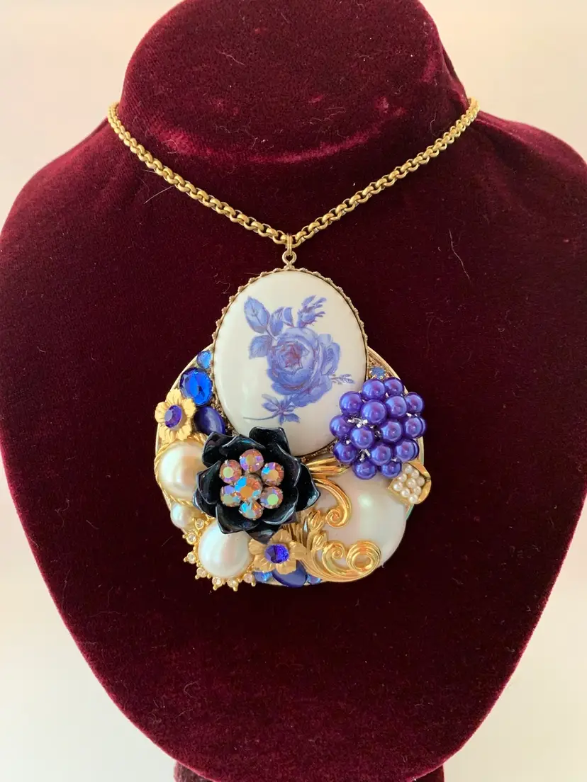 Blue Rose Collage Statement Necklace