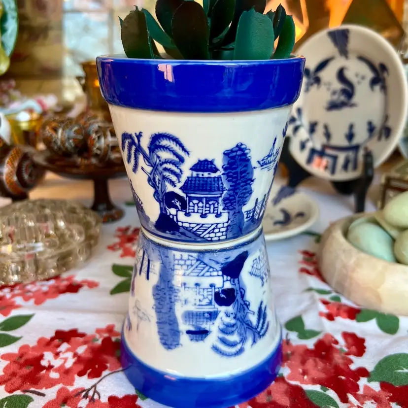 Vintage Set Blue White Ceramic Flower Pots 5”