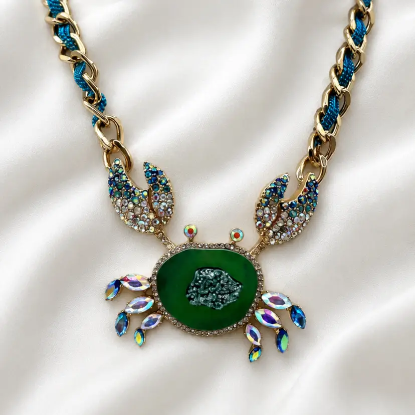 Summer - Betsey Johnson Rhinestone Crab Geode Pendant Gold Tone Chain Necklace