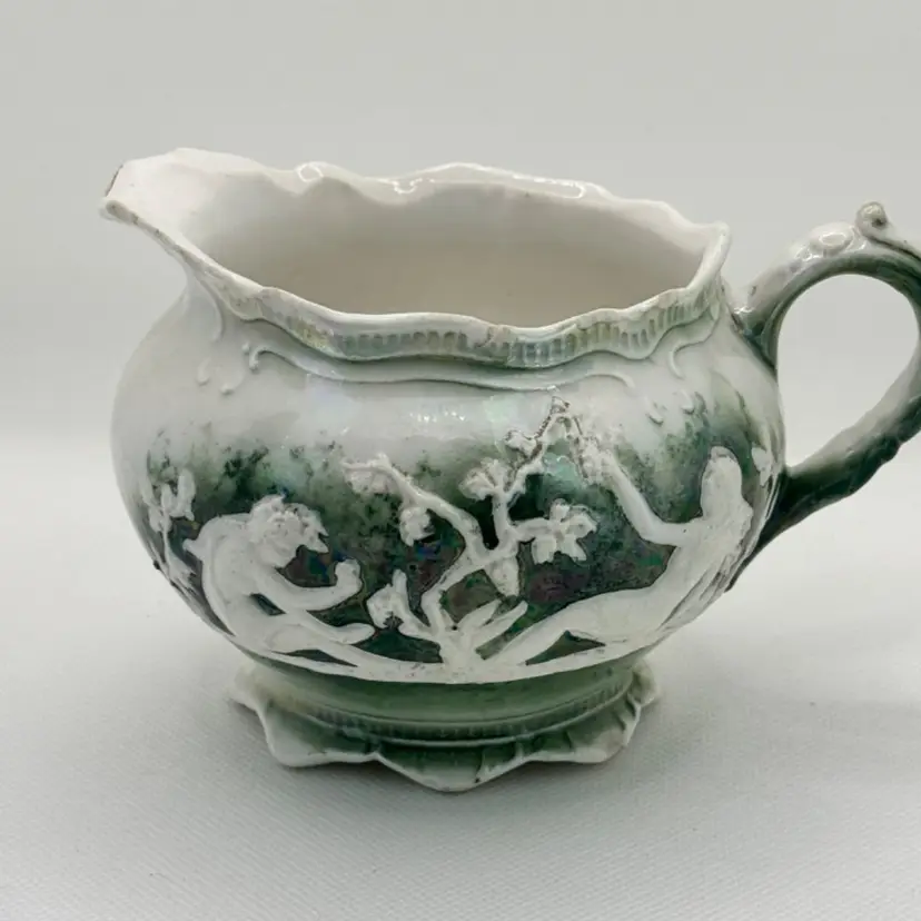 Antique Iris Altenburg Luster Creamer Saxony Green & White Classical Scene, Made In Thuringia, Germany