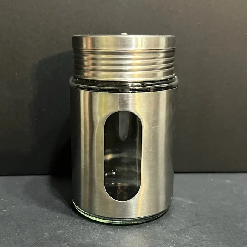 Stainless Steel over Glass Shaker ~4.5” x 2.75” diameter