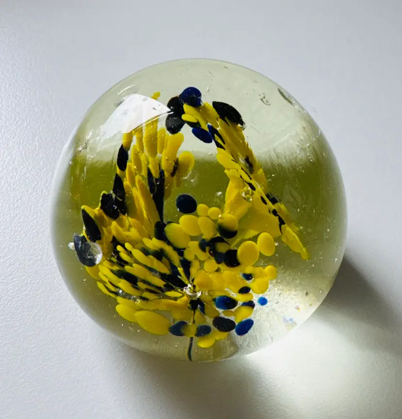 Yellow Paperweight With Blue Flecks - Beautiful & Clear