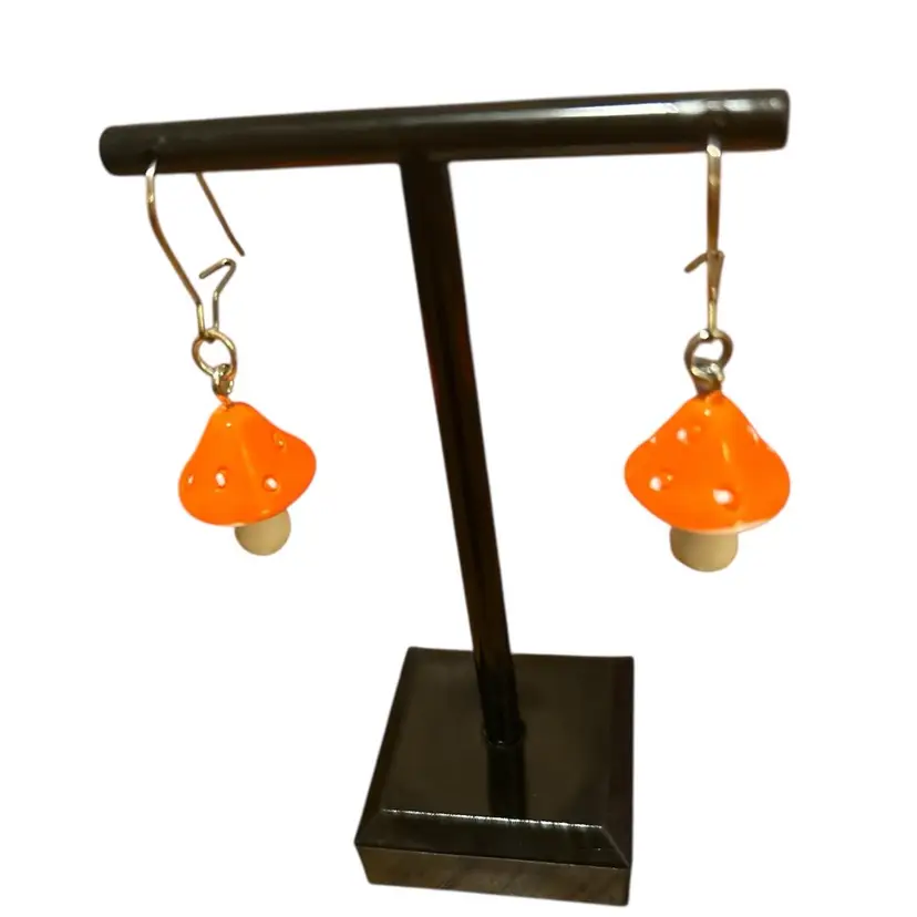 Handmade Colorful Mushroom Earrings Orange – Cottagecore Dangle Jewelry with Stainless Steel Hooks