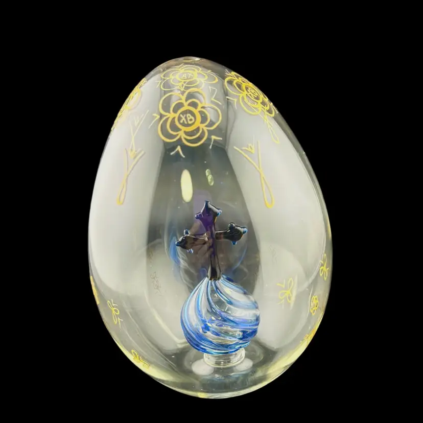 Vintage Handblown Russian Glass Egg With Cross Inside 6” Tall x 3.25” Wide