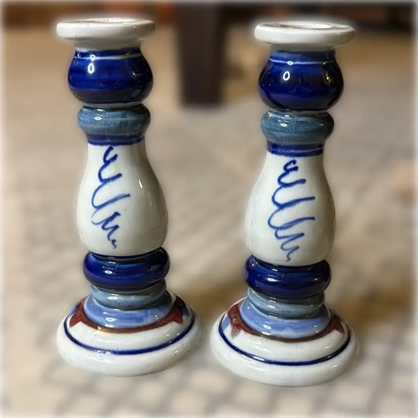 Pair of Studio Pottery Candle Holders - 7” tall and 3.5” in diameter