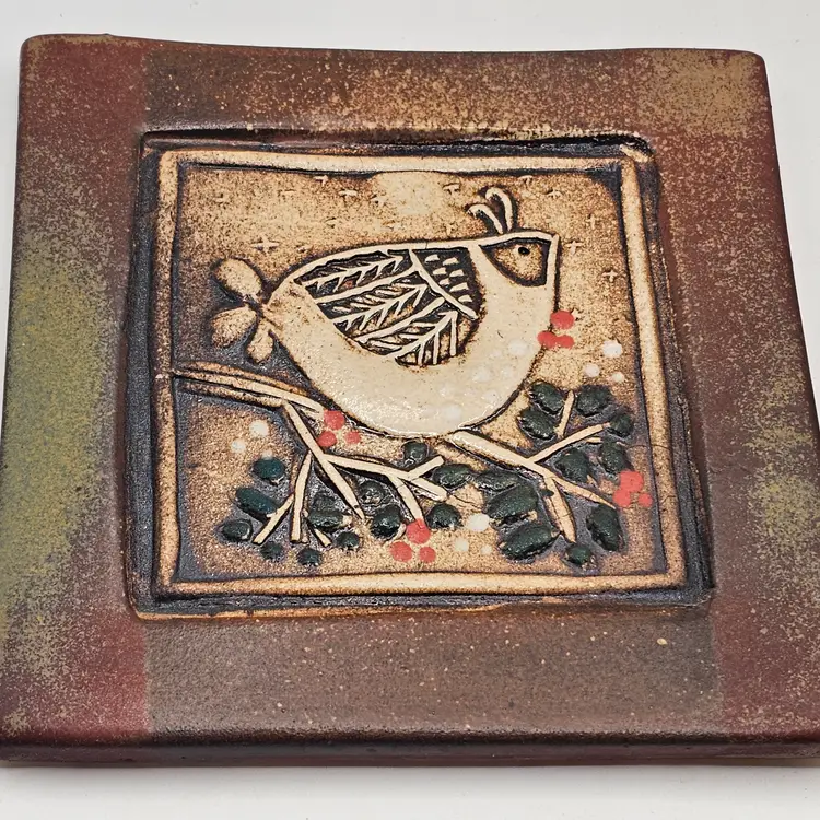 June Otis tile vintage with bird dove Signed wall hanging 5x5