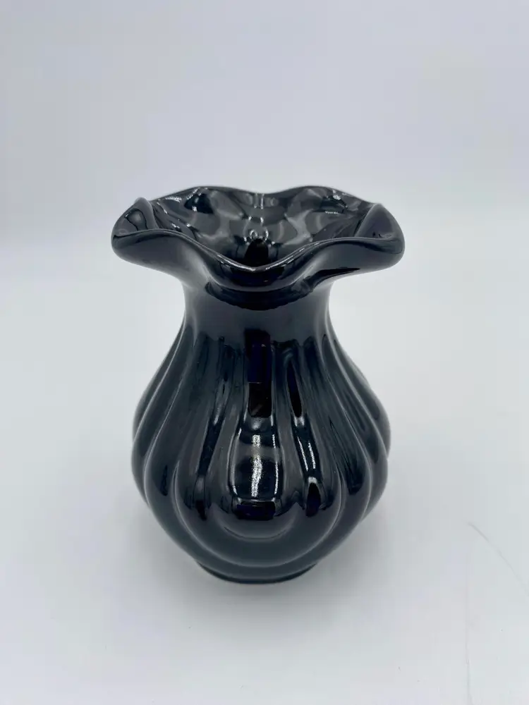Small Black Ceramic Vase, Scalloped Shell Body (Ribbed), Ruffled Rim, 4"