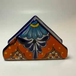 Vibrant Hand Painted Talavera Napkin Holder Mexican Folk Art Pottery Blue Orange
