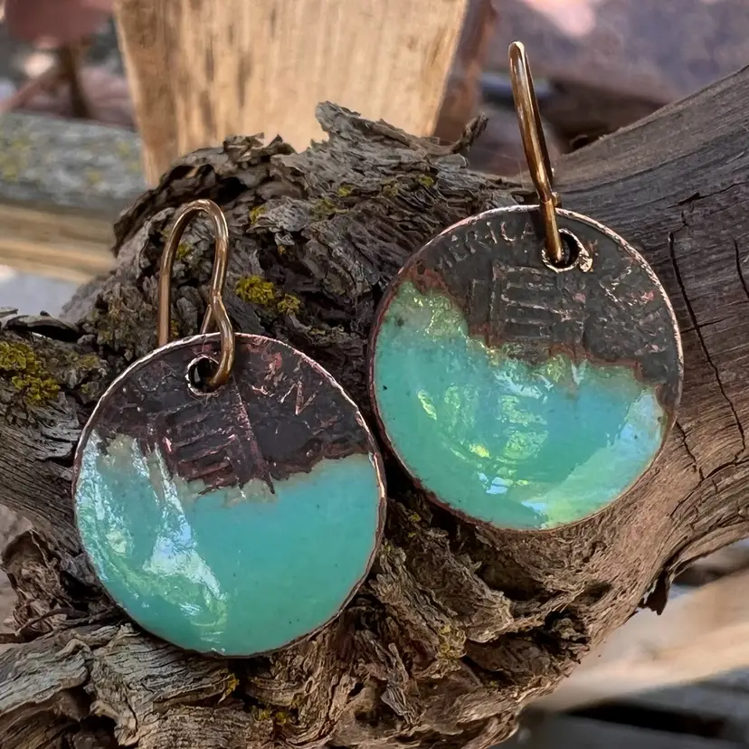 Handmade Mint Green Enameled Penny Organic Copper Earrings
