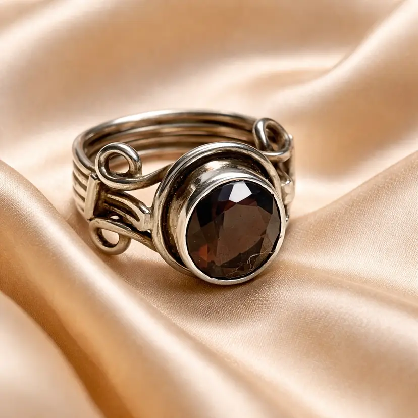 Bohemian Style Sterling Silver Ring with Smoky Quartz Gemstone, Size 8