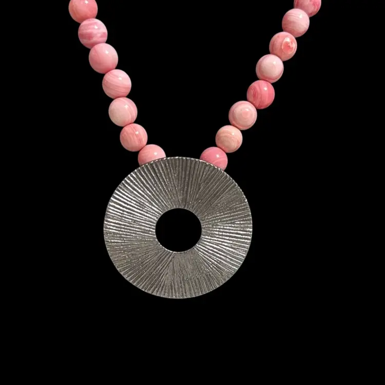 Natural Pink Agate Beaded Necklace with Silver tone Circle Charm