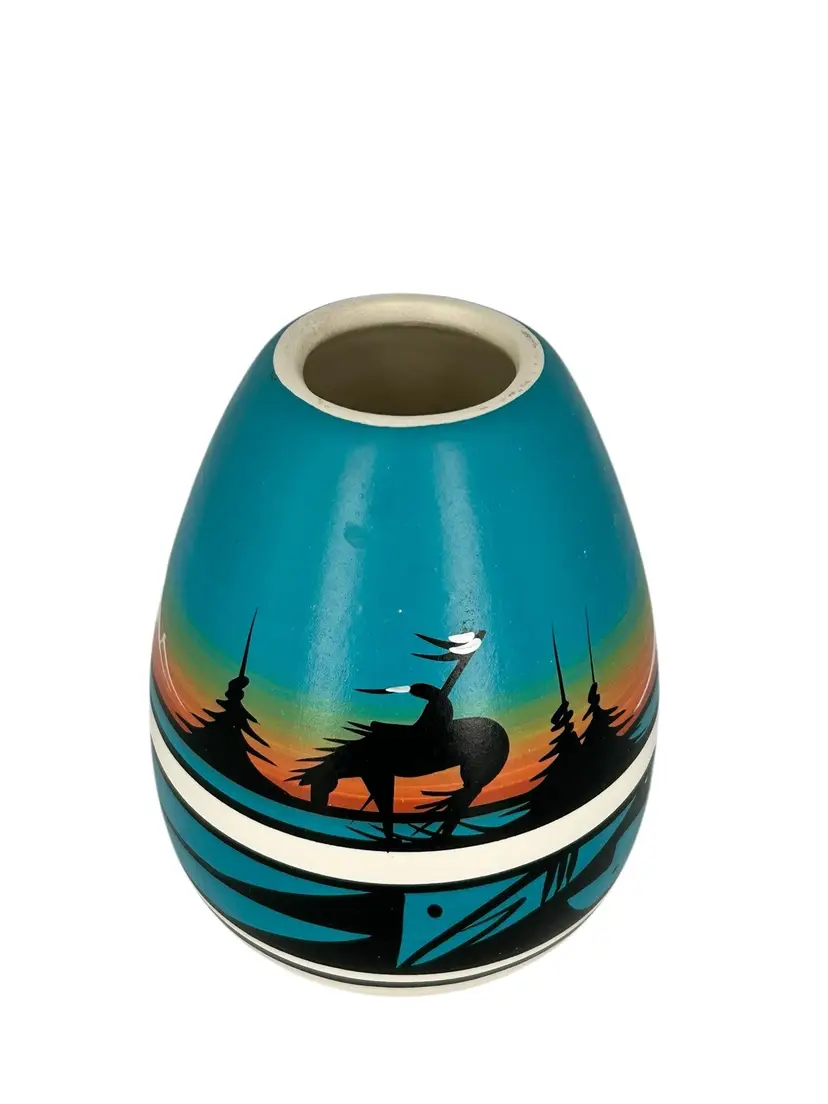 DINE Navajo Native American Signed  Man On Horse Pottery Vase