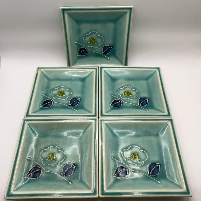 Vintage Atio Japan Ceramic Dish Set Mino Ware Set of 5 Plates