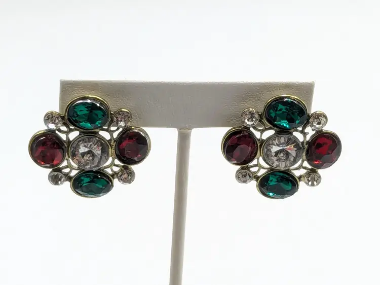 Christmas Rhinestone Pierced Earrings Red Green Clear Gold Tone Holiday Jewelry